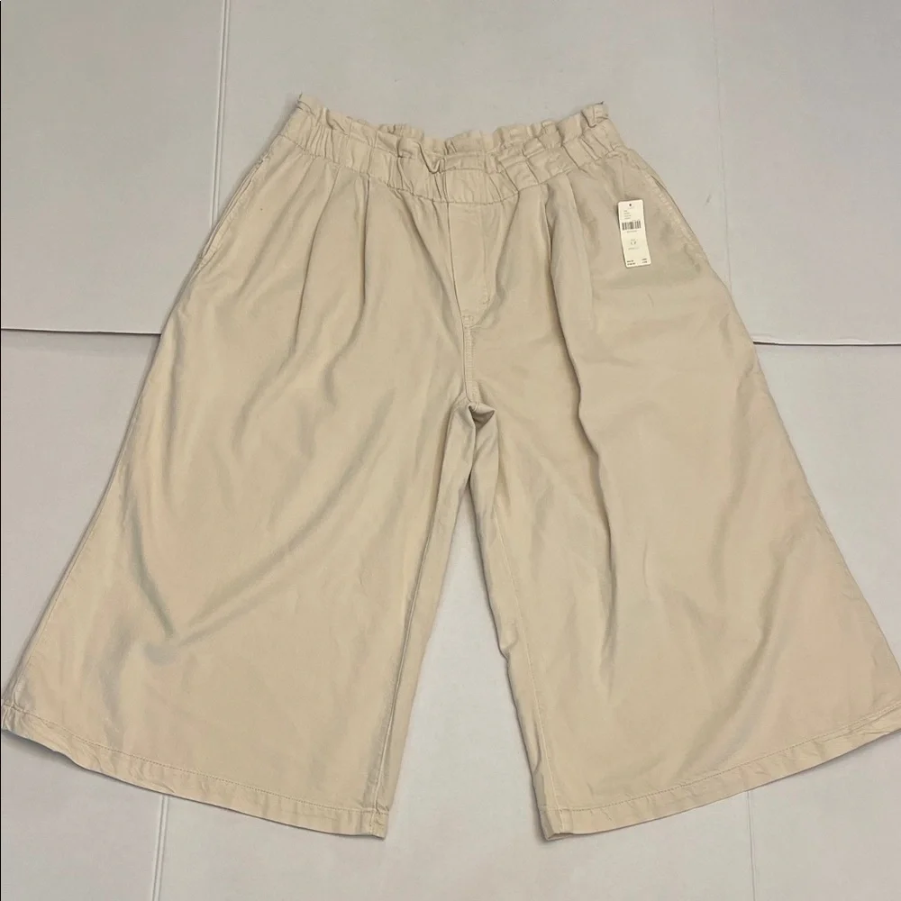 PILCRO ANTHROPOLOGIE CREAM HIGH RISE CROPPED PAPERBAG WIDE LEG PANTS LP